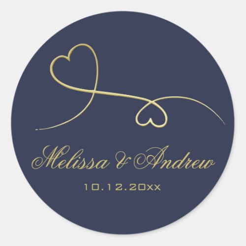 Two Elegant Gold Hearts  Personalized Blue Wedding Classic Round Sticker
