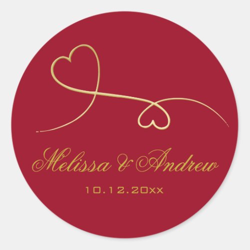 Two Elegant Gold Hearts  Personalized Red Wedding Classic Round Sticker