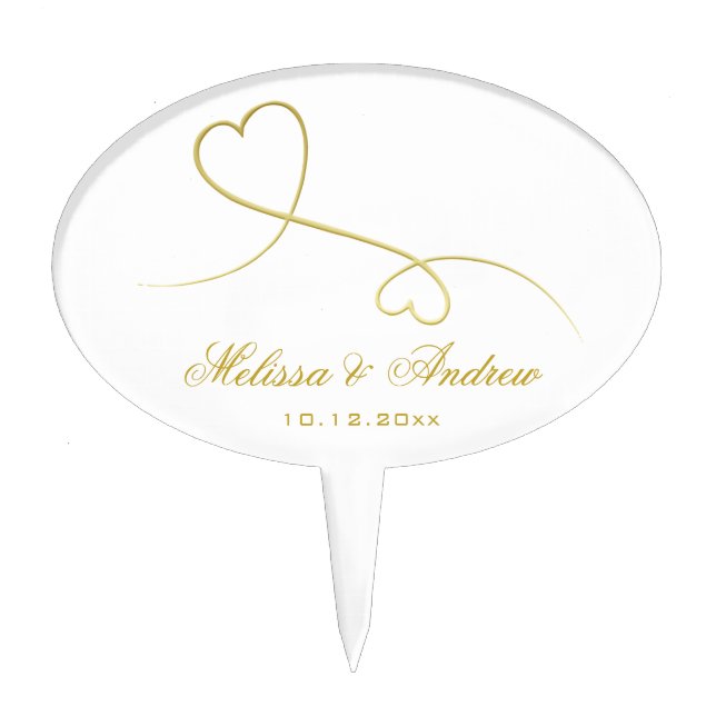 Two Elegant Gold Hearts | Personalized Wedding Cake Topper (Front)