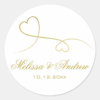 Two Elegant Gold Hearts | Personalized Wedding Classic Round Sticker