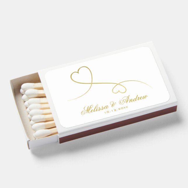 Two Elegant Gold Hearts | Personalized Wedding Matchboxes (Front Open)