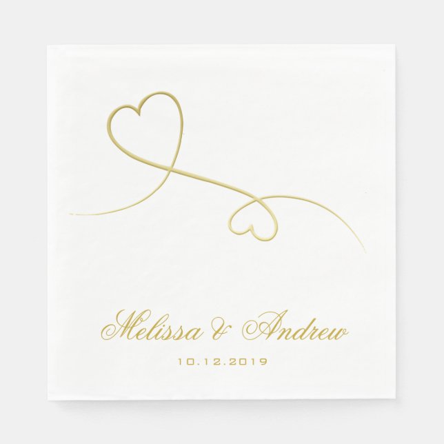 Two Elegant Gold Hearts | Personalized Wedding Paper Napkins (Front)