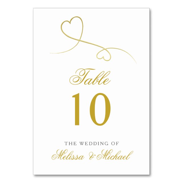 Two Elegant Gold Hearts | Personalized Wedding Table Number (Front)