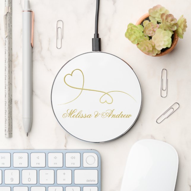 Two Elegant Gold Hearts | Personalized Wireless Charger (Desk)