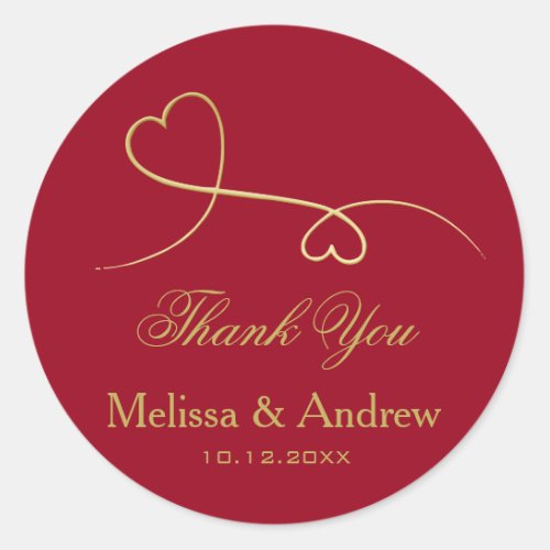 Two Elegant Gold Hearts  Red Wedding Thank You Classic Round Sticker