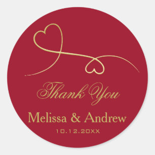 Two Elegant Gold Hearts Red Wedding 'Thank You' Classic Round Sticker