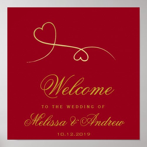 Two Elegant Gold Hearts  Red Wedding Welcome Poster