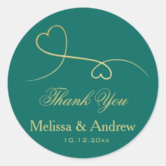 Two Elegant Gold Hearts | Teal Wedding 'Thank You' Classic Round Sticker