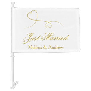 Two Elegant Gold Hearts Wedding 'Just Married' Car Flag