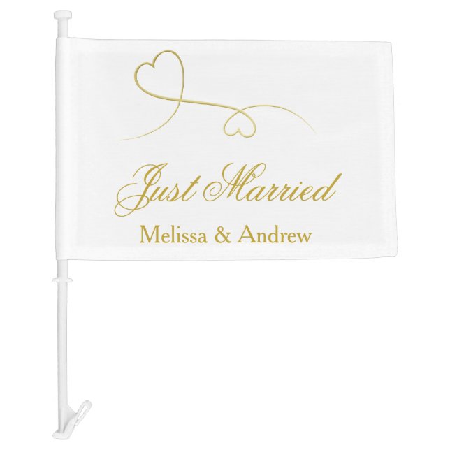 Two Elegant Gold Hearts | Wedding 'Just Married'  Car Flag (Front)