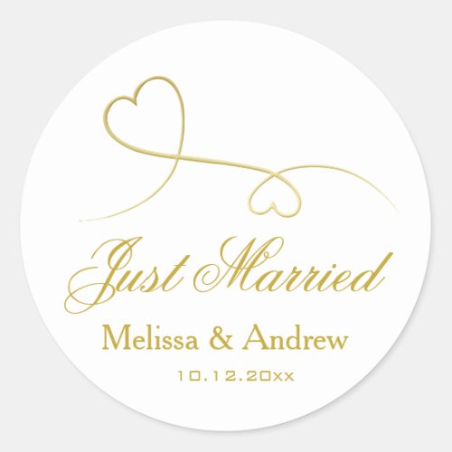 Two Elegant Gold Hearts  Wedding Just Married  Classic Round Sticker