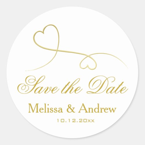 Two Elegant Gold Hearts  Wedding Save the Date  Classic Round Sticker