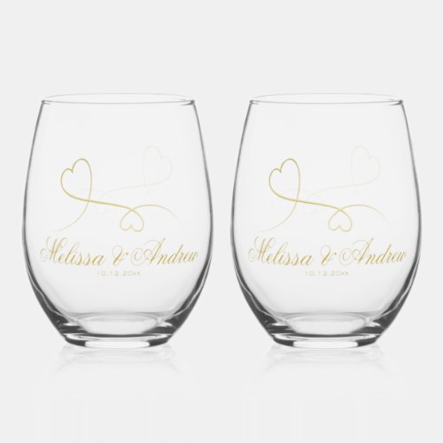 Two Elegant Gold Hearts  Wedding Stemless Wine Glass