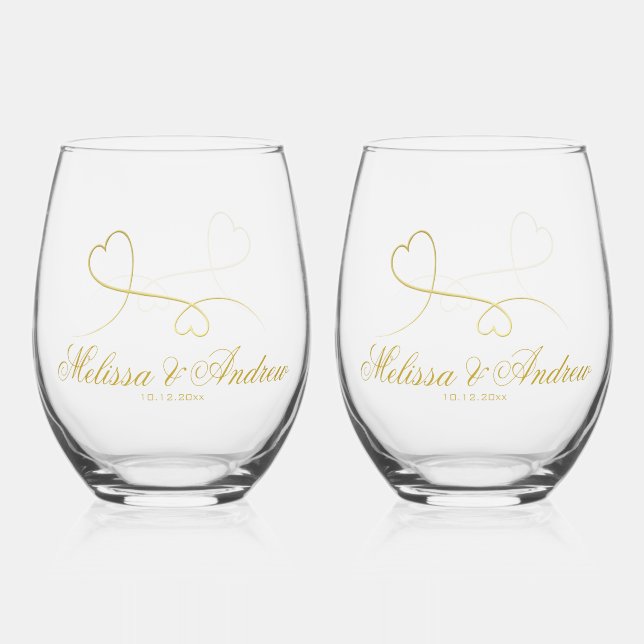 Two Elegant Gold Hearts | Wedding Stemless Wine Glass (Front)