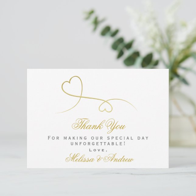 Two Elegant Gold Hearts | Wedding Thank You Card (Standing Front)