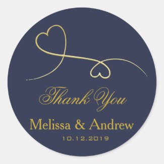 Two Elegant Gold Hearts | Wedding 'Thank You' Classic Round Sticker