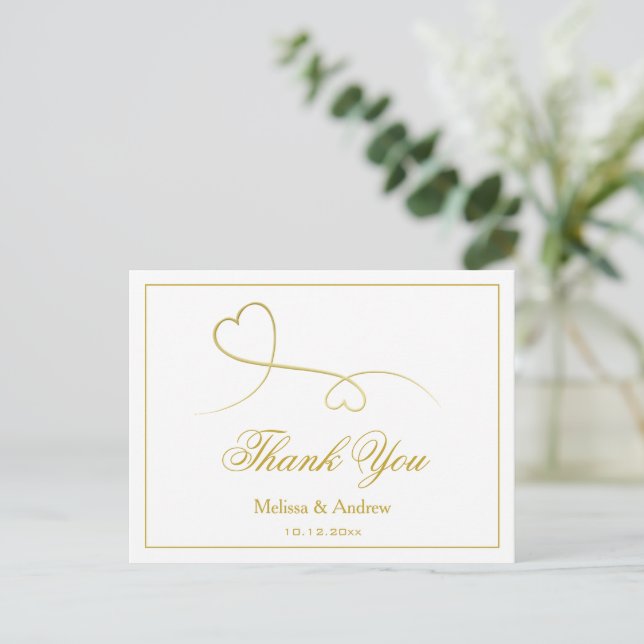 Two Elegant Gold Hearts | Wedding Thank You Postcard (Standing Front)