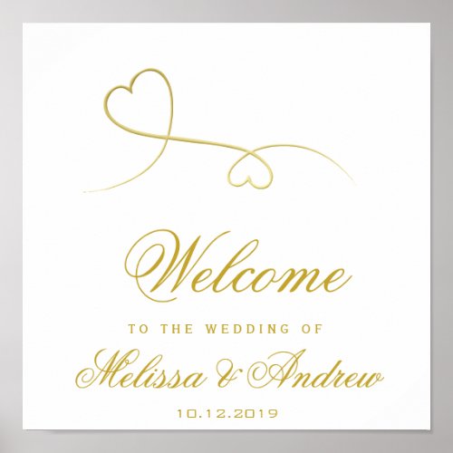 Two Elegant Gold Hearts  Wedding Welcome Poster