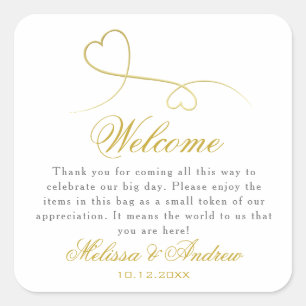 Two Elegant Gold Hearts Wedding Welcome Square Sticker