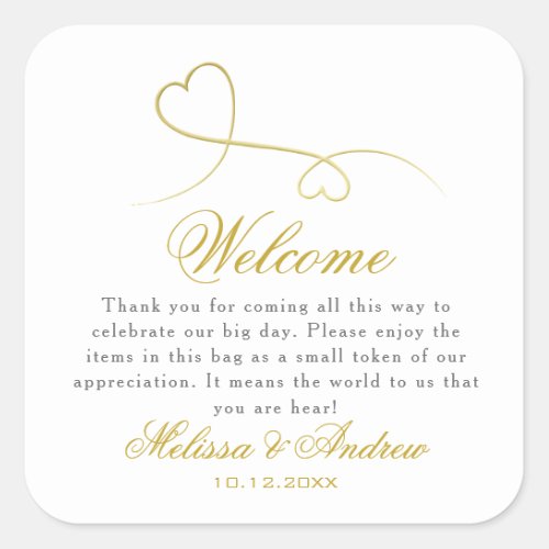 Two Elegant Gold Hearts  Wedding Welcome Square Sticker