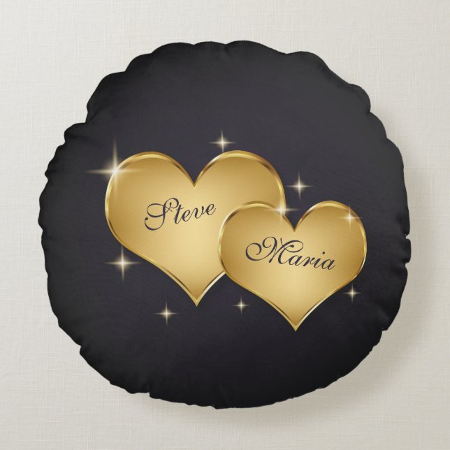 Two Elegant Golden Hearts Name Round Pillow (Front)
