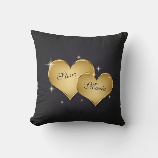 Two Elegant Golden Hearts Name Throw Pillow (Front)