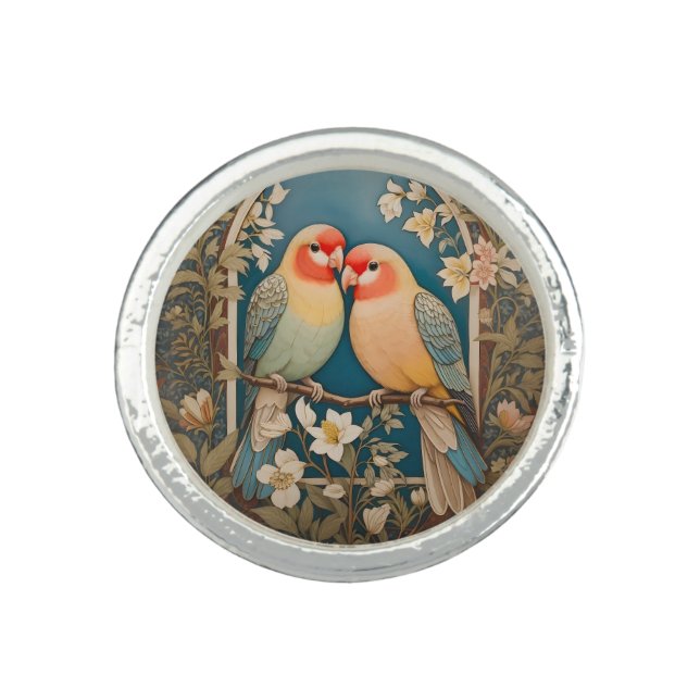 Two Elegant Lovebirds Vintage Floral Ring (Front)
