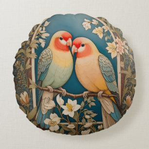 Two Elegant Lovebirds Vintage Floral Round Pillow