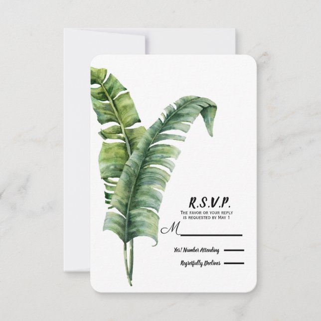Two Elegant Palm Leaves Tropical Wedding RSVP Card (Front)