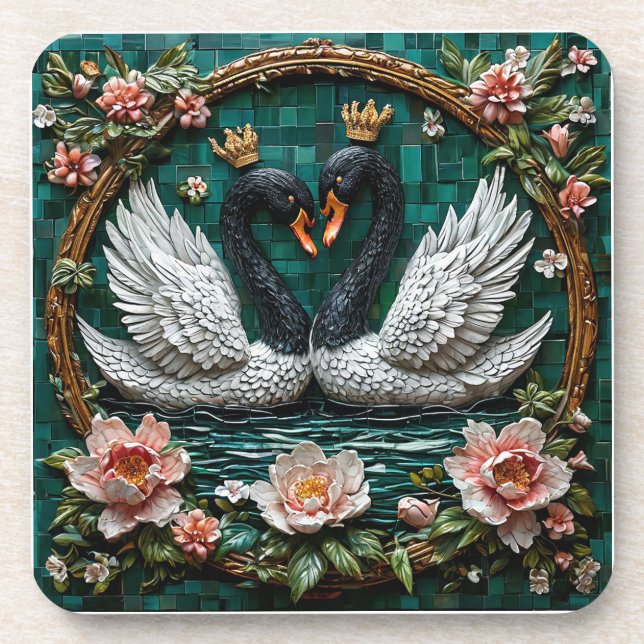 Two Elegant Swans With Crowns Beverage Coaster (Front)