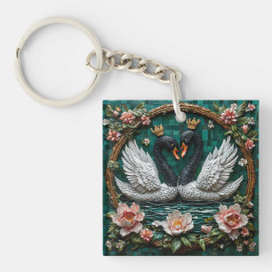 Two Elegant Swans With Crowns Keychain