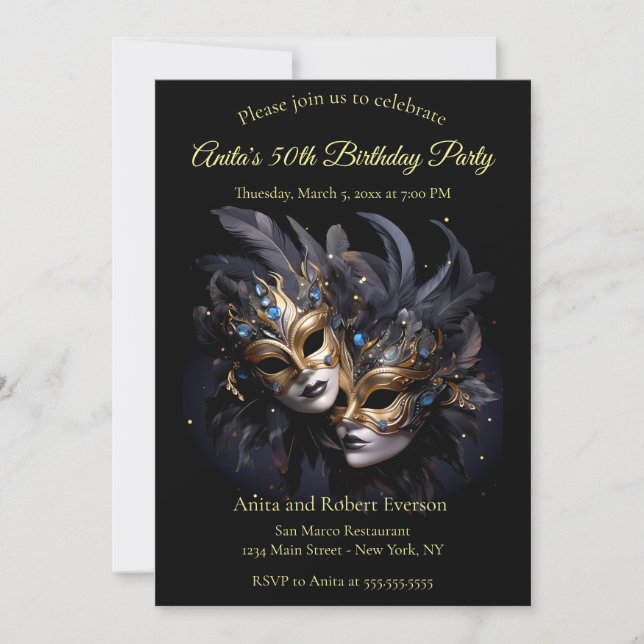 Two Elegant Venetian Masks Mardi Gras Carnival Invitation (Front)