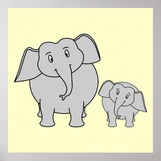 Two Elephants. Cute Adult and Baby Cartoon. Poster (Front)