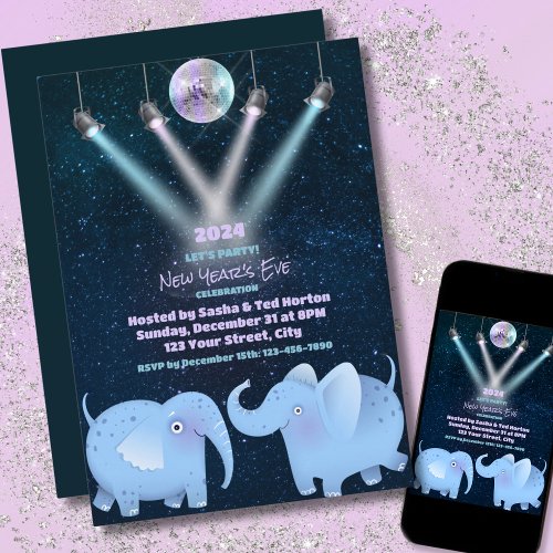 Two Elephants Dancing Disco Ball New Year Party Invitation