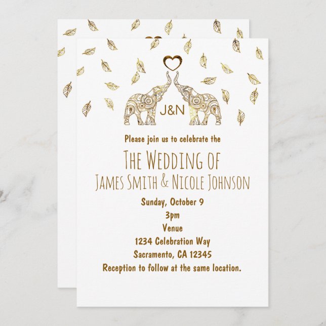 Two Elephants & Heart Gold Fall Wedding Invitation (Front/Back)