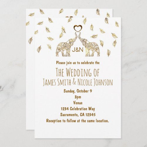 Two Elephants  Heart Gold Fall Wedding Invitation