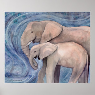 Two Elephants Wildlife Watercolor Painting Poster