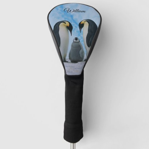 Two Emperor Penguins and a Chick Personalized Golf Head Cover