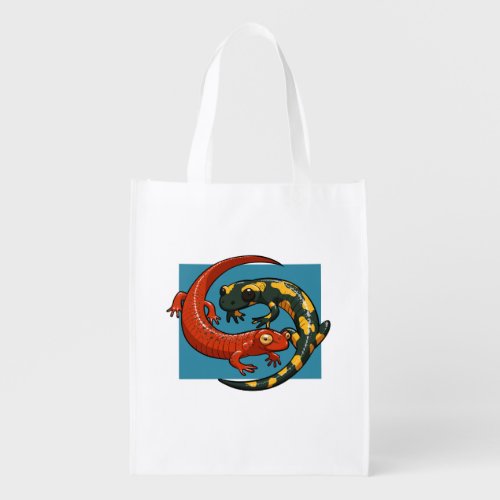 Two Entwined Smiling Salamander Friends Cartoon Grocery Bag