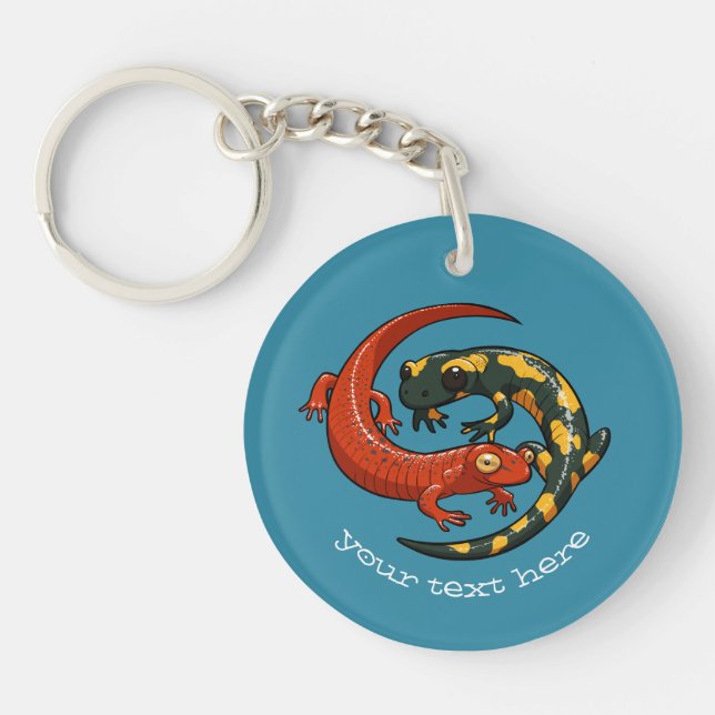 Two Entwined Smiling Salamander Friends Cartoon Keychain (Front)