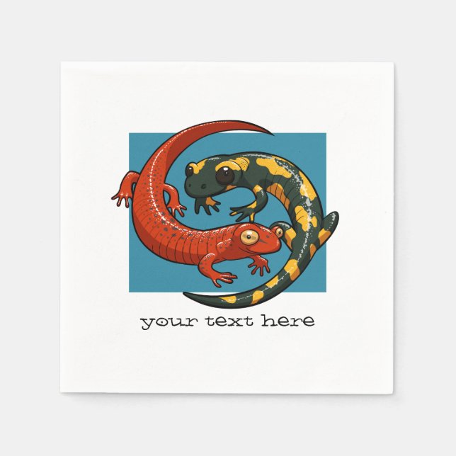 Two Entwined Smiling Salamander Friends Cartoon Napkins (Front)