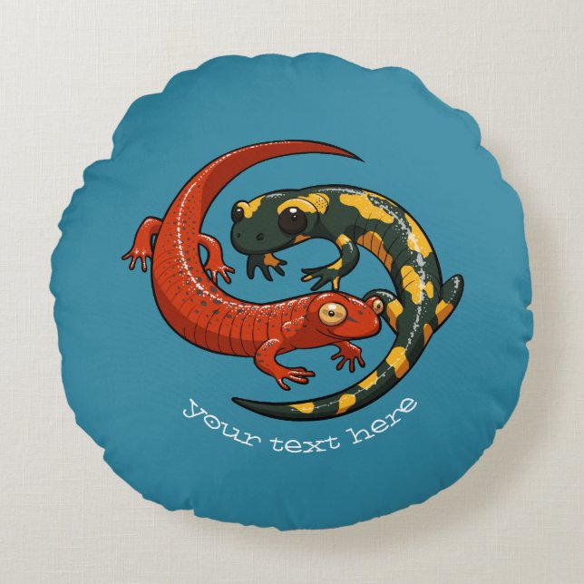Two Entwined Smiling Salamander Friends Cartoon Round Pillow (Front)