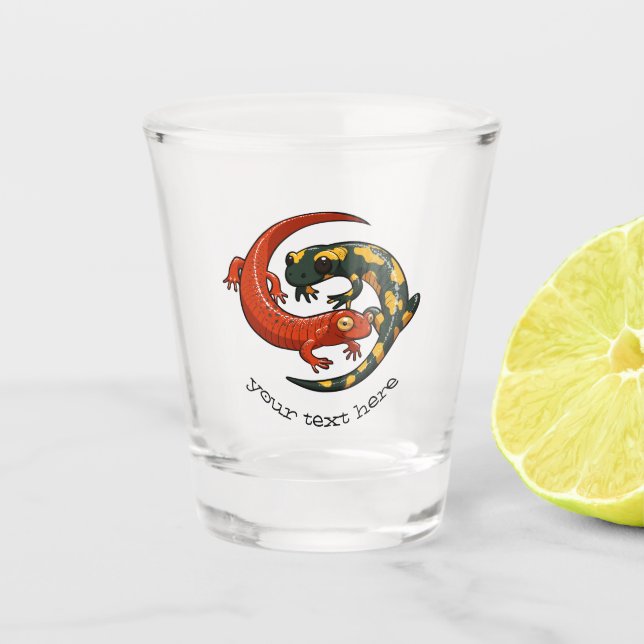 Two Entwined Smiling Salamander Friends Cartoon Shot Glass (Front)