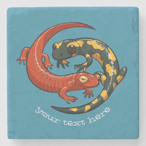 Two Entwined Smiling Salamander Friends Cartoon Stone Coaster