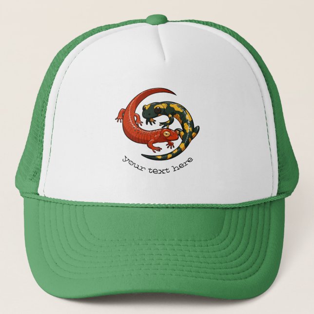 Two Entwined Smiling Salamander Friends Cartoon Trucker Hat (Front)