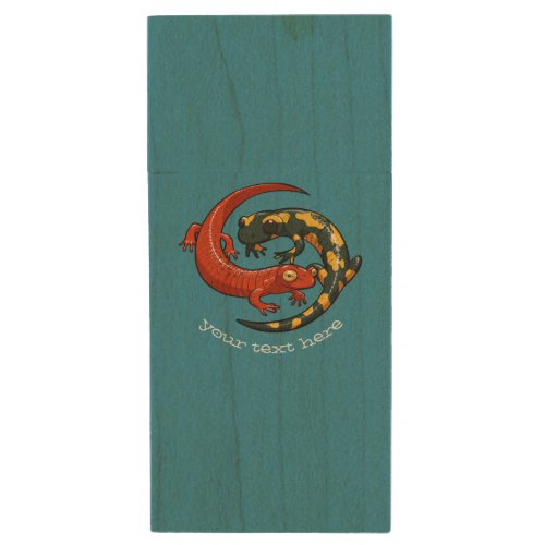 Two Entwined Smiling Salamander Friends Cartoon Wood Flash Drive