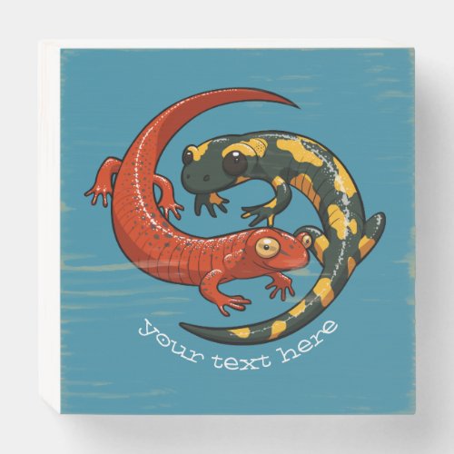 Two Entwined Smiling Salamander Friends Cartoon Wooden Box Sign