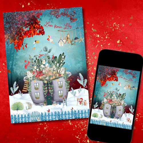 Two Fairies Over A Pot in A Beautiful Forest Holiday Card