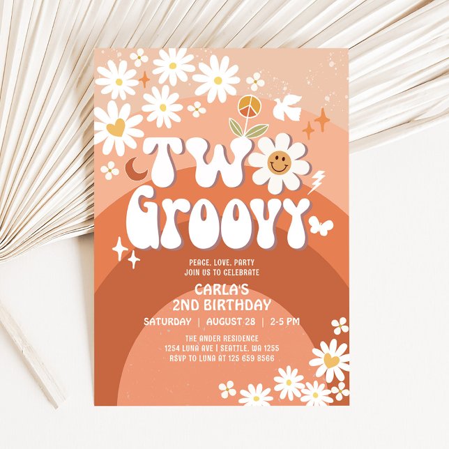 Two Fall Groovy Daisy Hippie 2nd Retro Birthday Invitation (Creator Uploaded)