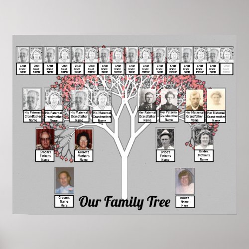 Two Families Gray Fractal Tree Photo Name Poster